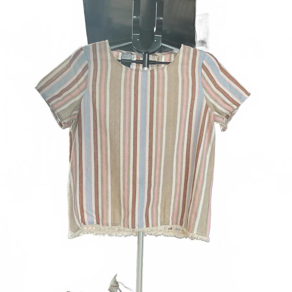 Mod Boutique Striped Short Sleeve Top with Fringe Hem Size M